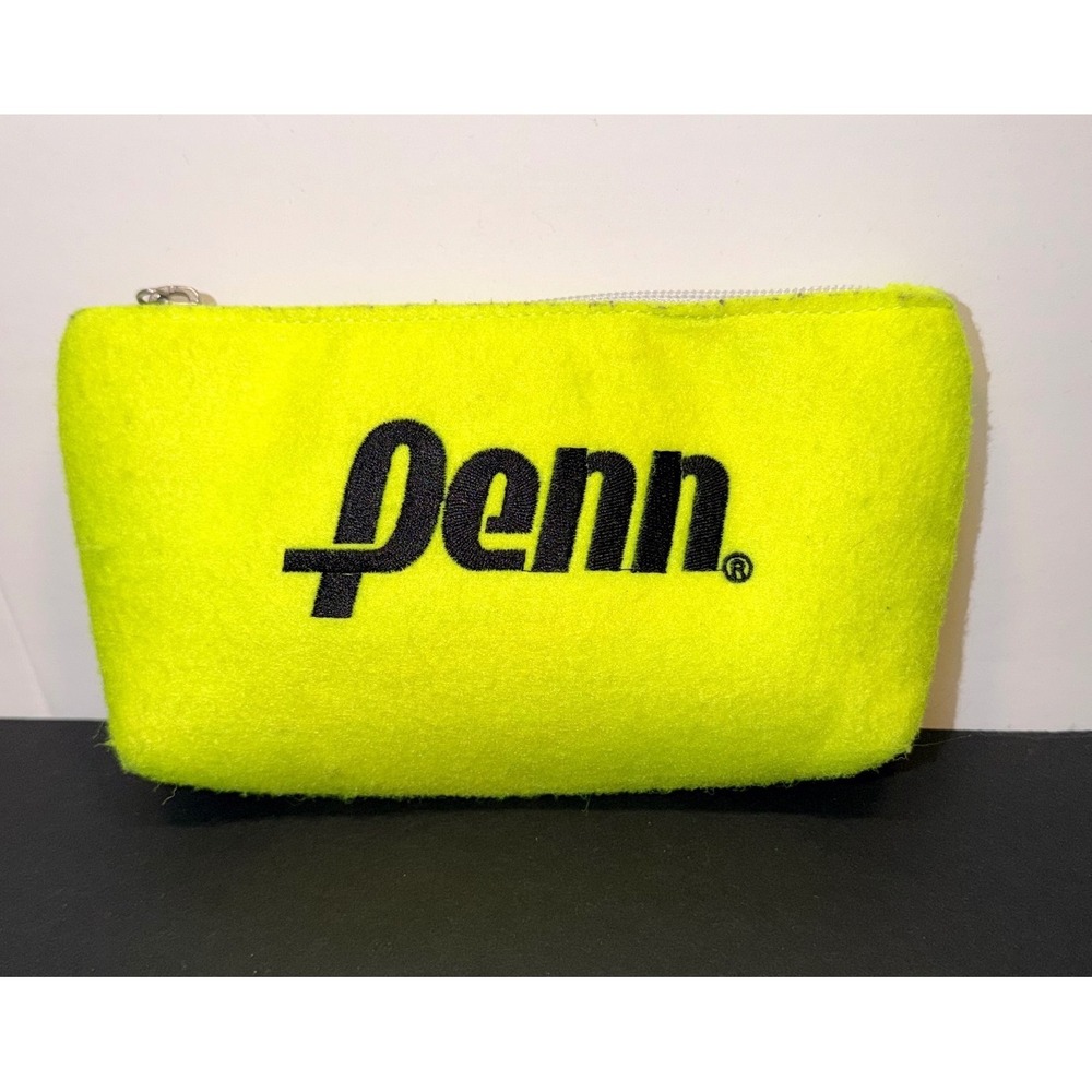Penn Tennis Ball Material Pouch Neon Yellow Fuzzy Zipper Cosmetic Bag Logo 7.5in
